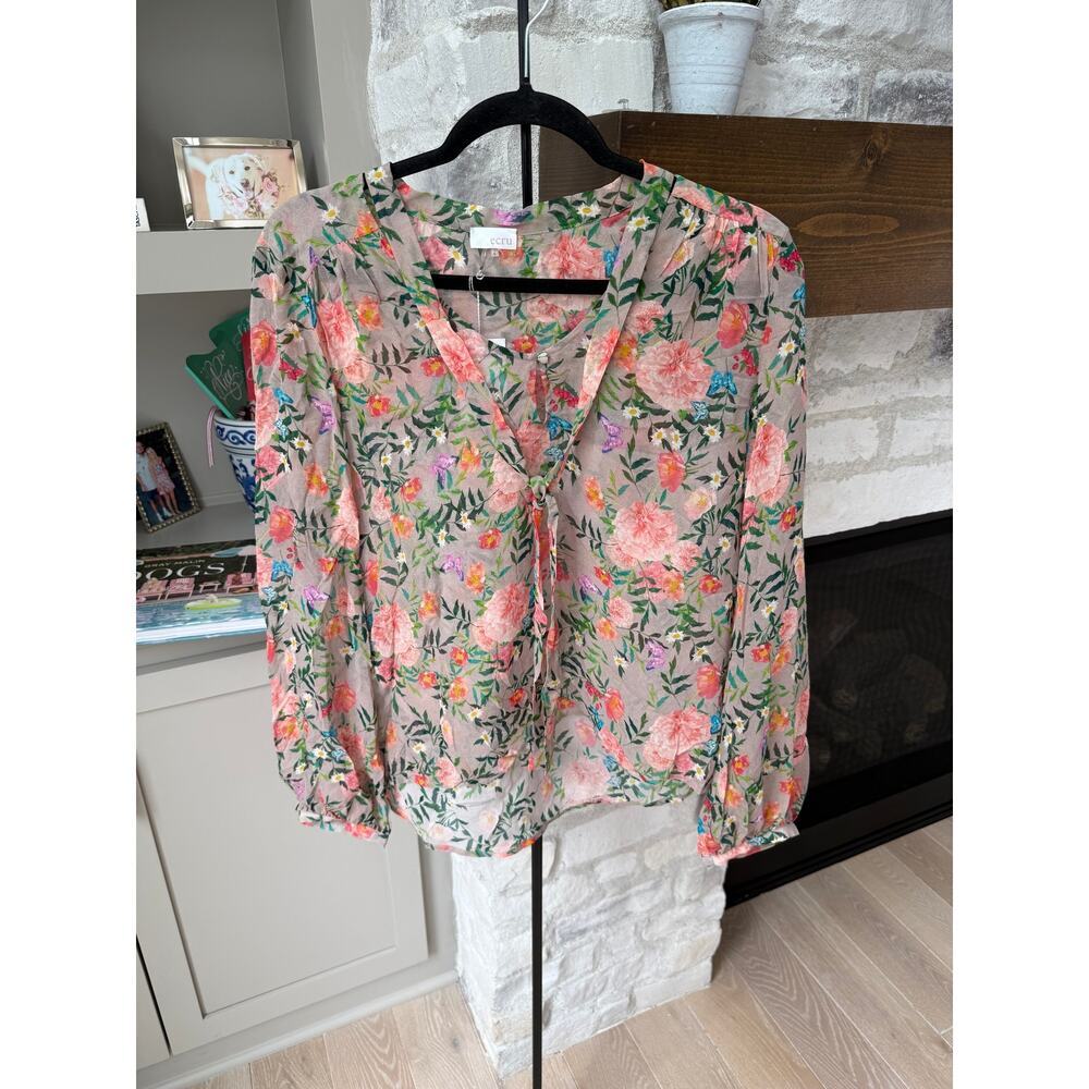 Ecru Women's Pink/Tan Floral Prairie Cottagecore Tie Neck Flowy Sheer Top Size S